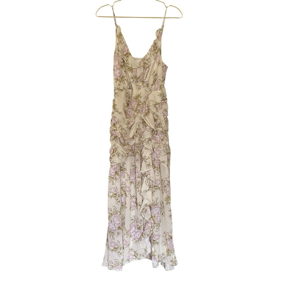 ASTR The Label Floral Maxi Dress Pink Green Ruched Ruffle Spaghetti Strap M - Picture 1 of 11